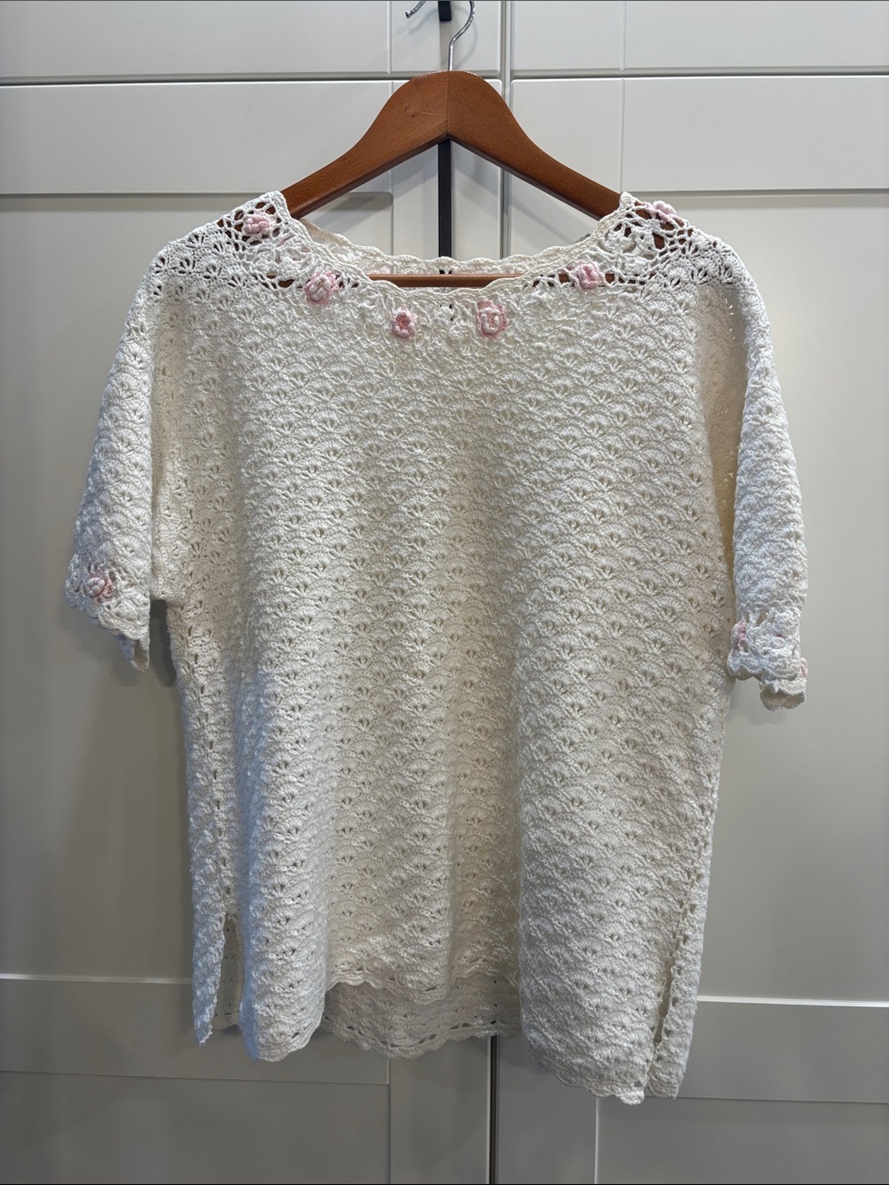 Women’s White/ Cream Crochet Short-Sleeve Top with Pink Accent